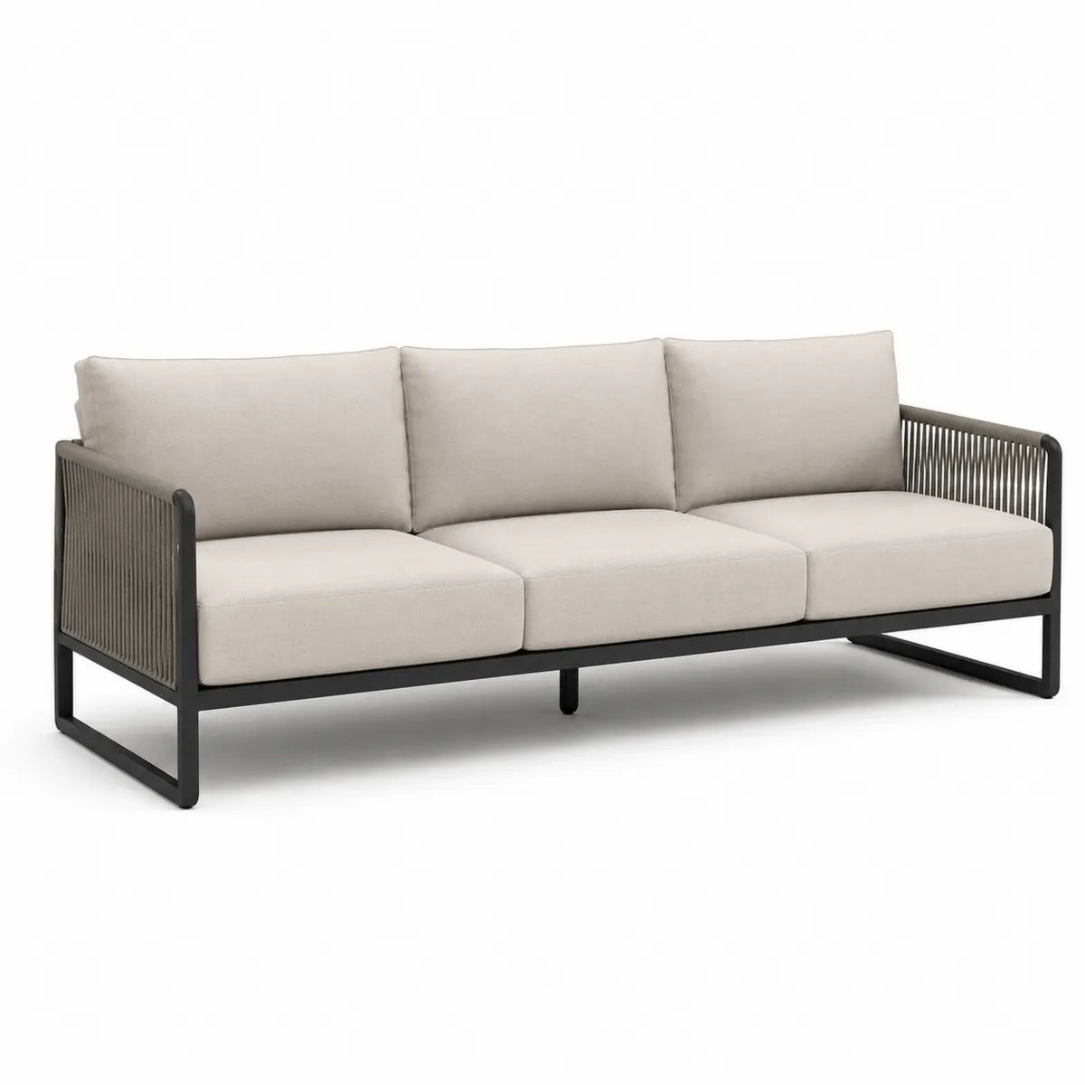 Sofa ogrodowa 3-osobowa metalowa z beżowymi poduszkami
