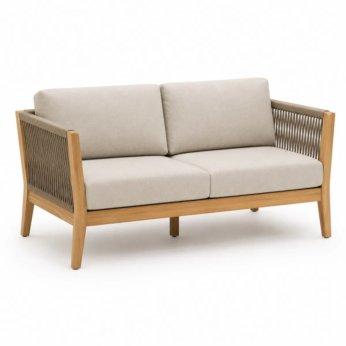 Dwuosobowa sofa ogrodowa z drewna teak i liny beżowa