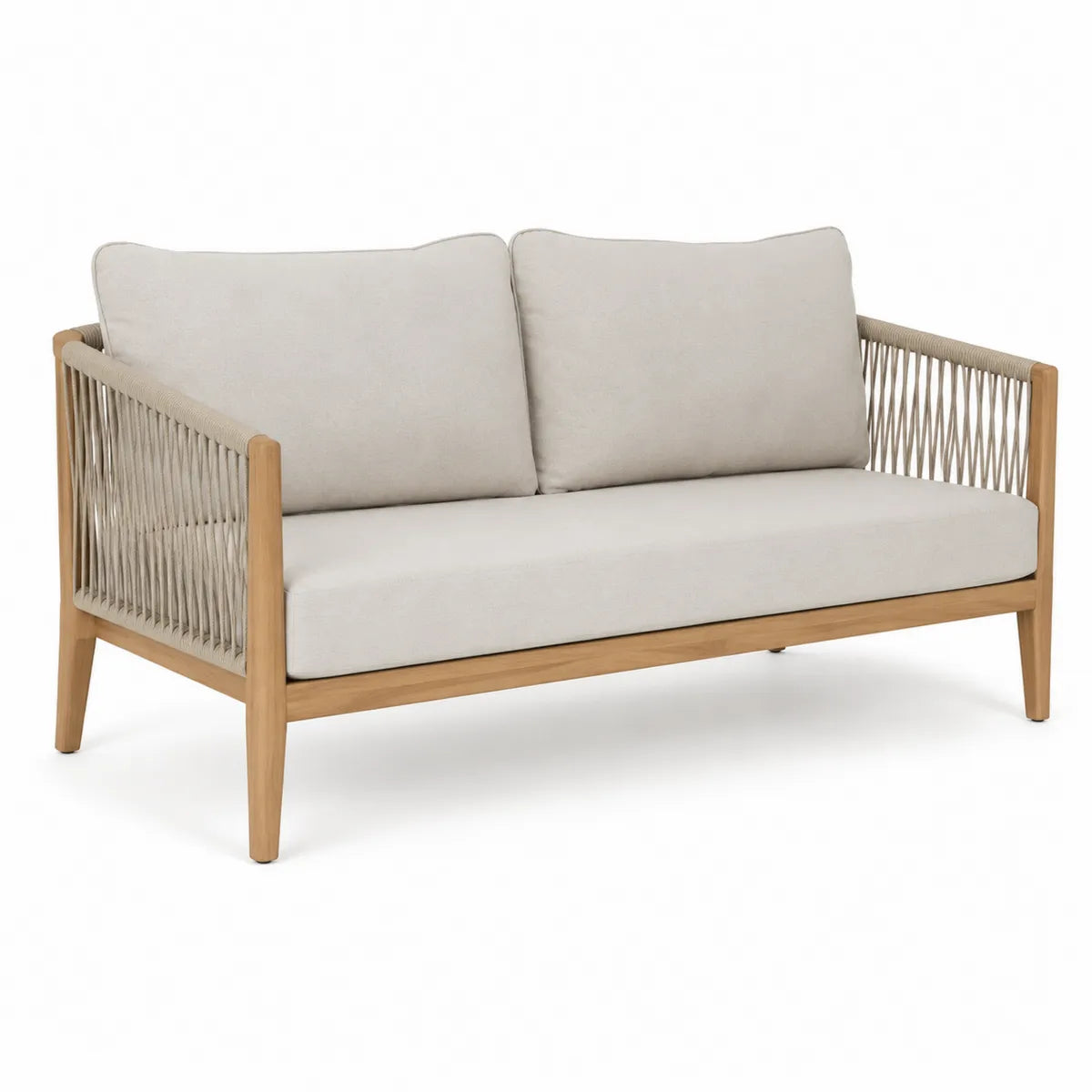 Dwuosobowa sofa ogrodowa z drewna tekowego z szarym materiałem 150 cm