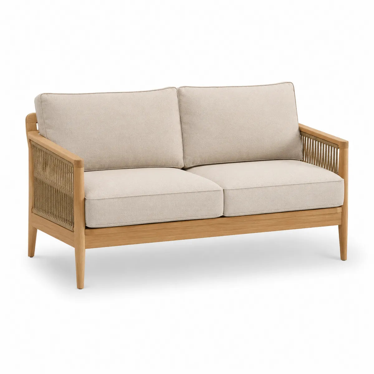 Dwuosobowa sofa z tkaniny olefina i teakowego drewna, beżowa, 135cm