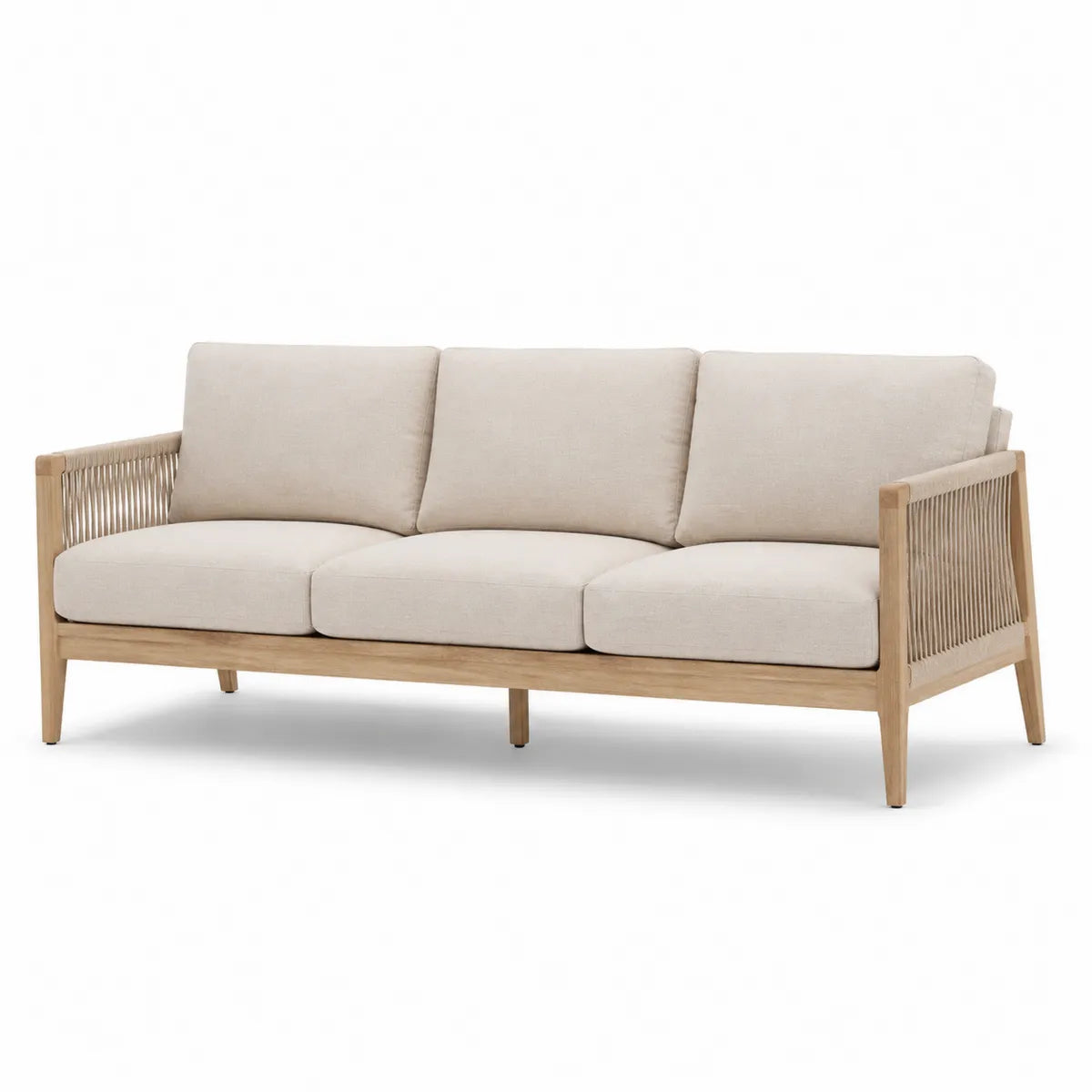 Drewniana sofa z beżową tkaniną 180 cm