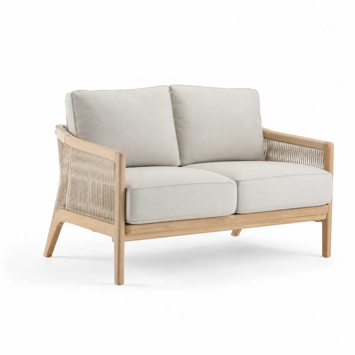 Sofa Dwuosobowa z Drewna Tekowego i Liny, Beżowa
