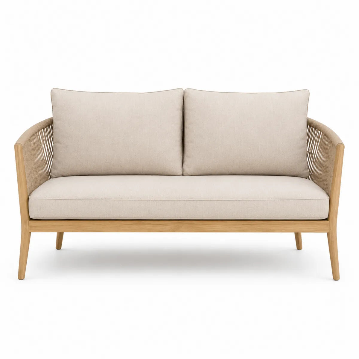 Sofa dwuosobowa beżowa drewno teak poliester