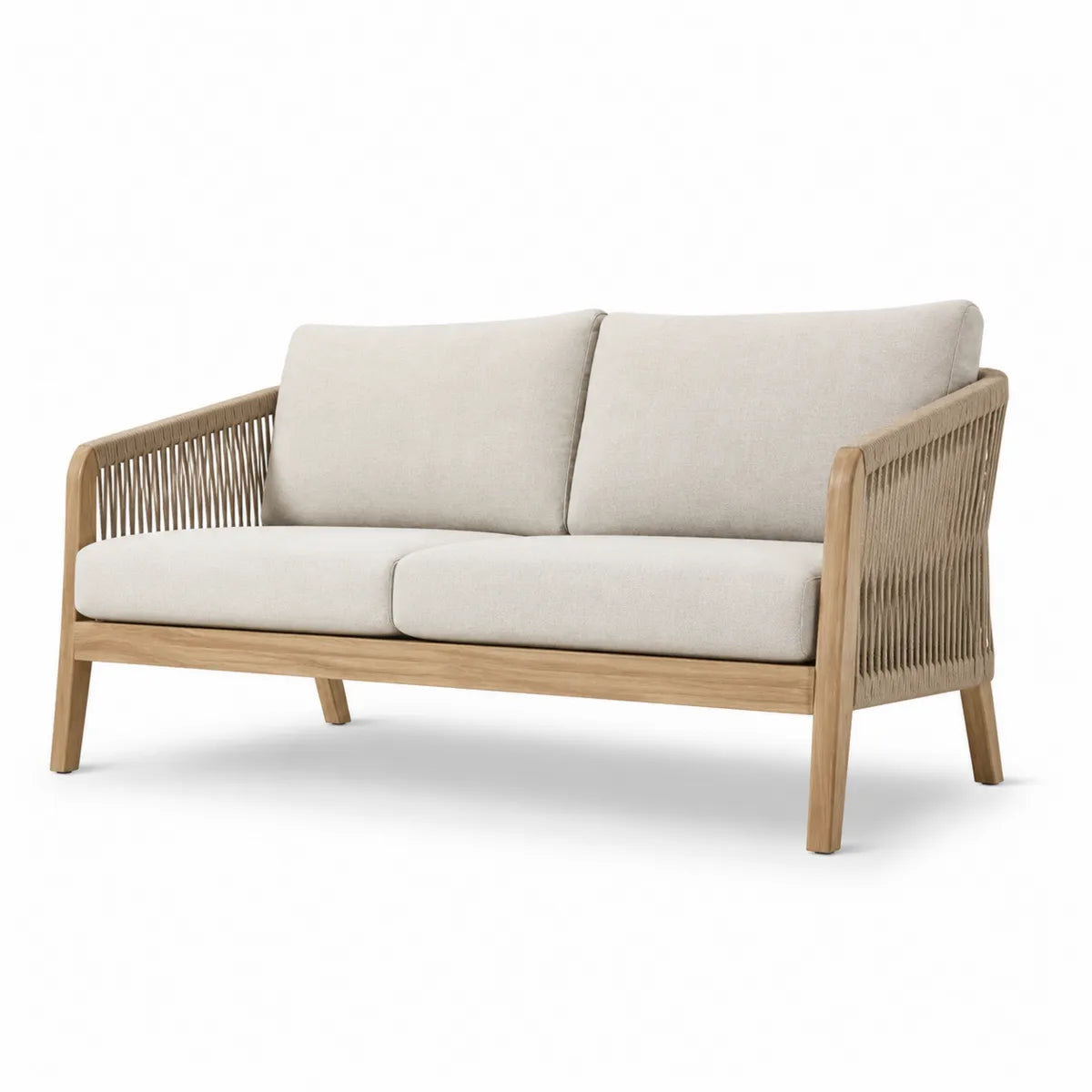 Drewniana sofa ogrodowa trzyosobowa z poduszkami kremowymi