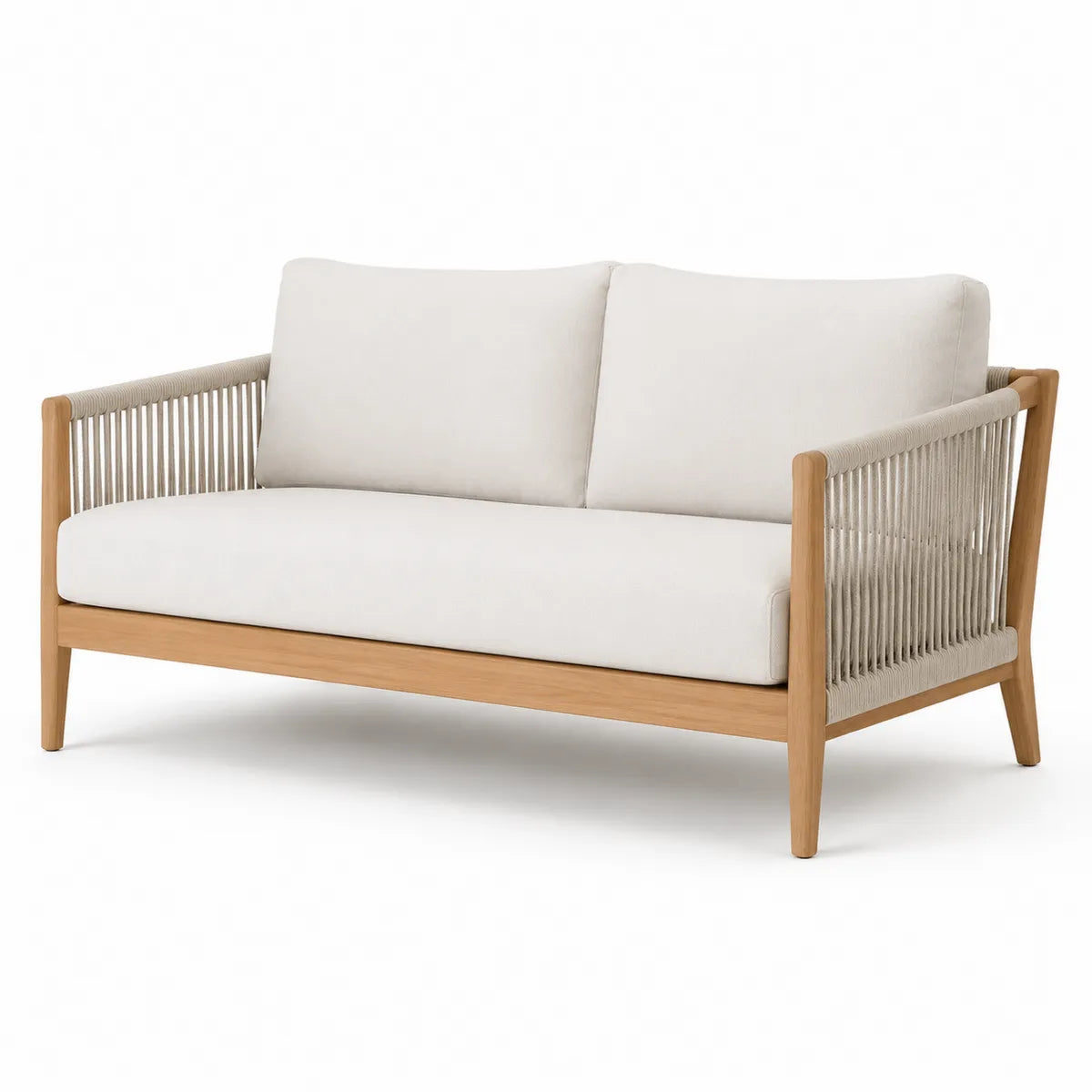 Drewniana sofa dwuosobowa z plecionym oparciem, beżowa