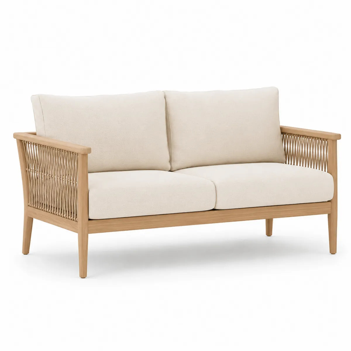 Sofa dwuosobowa z drewna akacjowego i kremowego poliestru, 140 cm