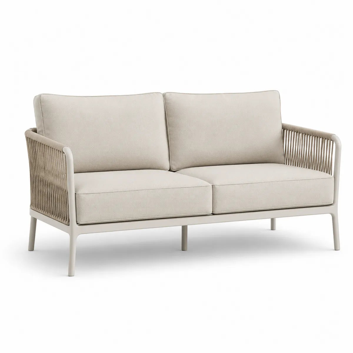 Beżowa metalowa sofa ogrodowa 2-osobowa z poliestrowymi poduszkami 160x85x75 cm