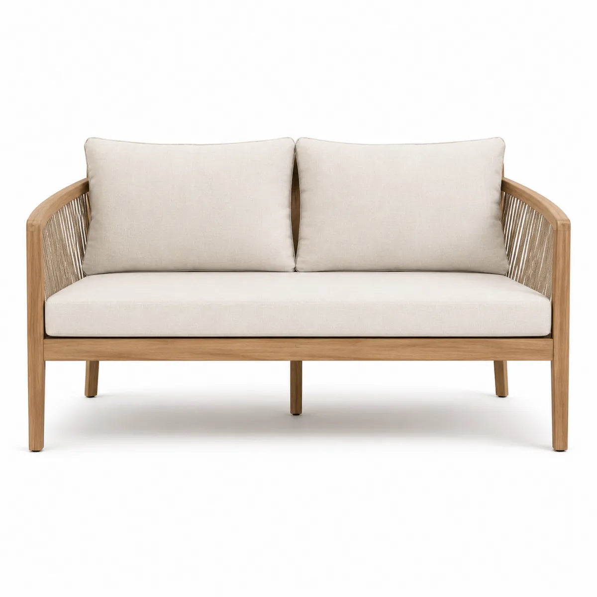 Sofa ogrodowa dwuosobowa teak beżowa z bawełnianymi poduszkami