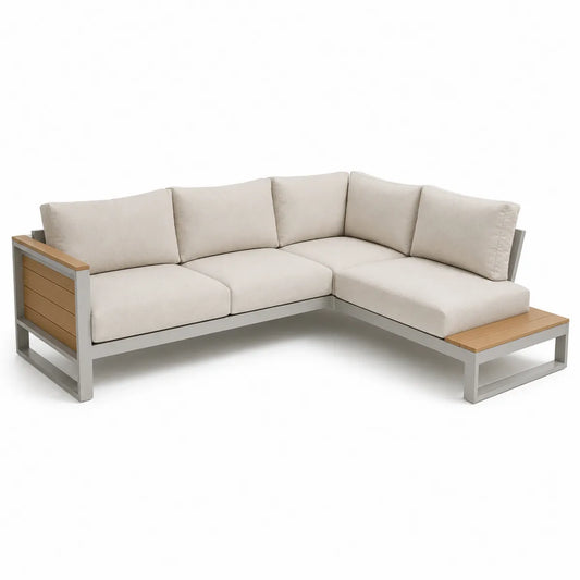 Narożna sofa zewnętrzna aluminiowa z teakowymi wstawkami beżowa