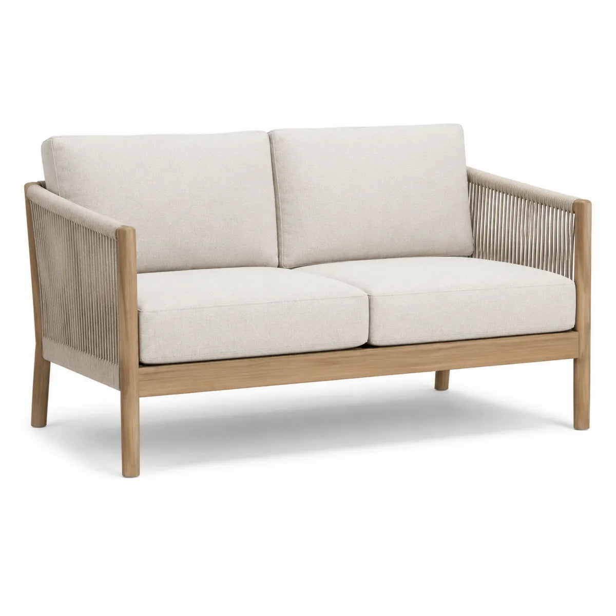 Dwuosobowa sofa z drewna teak i liny z beżowymi poduszkami