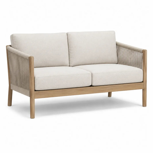 Dwuosobowa sofa z drewna teak i liny z beżowymi poduszkami