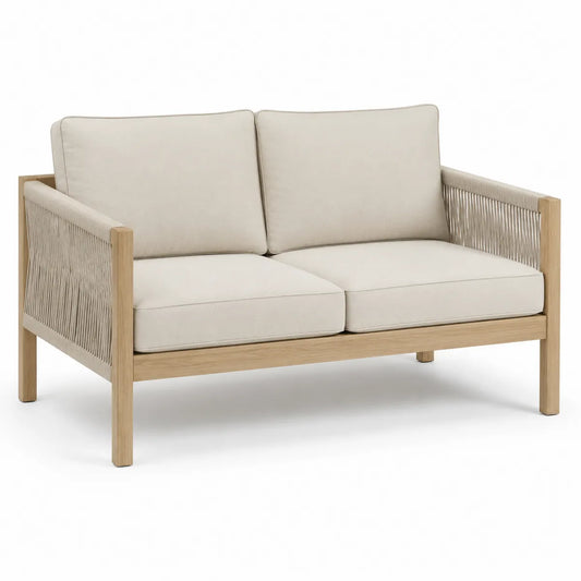 Sofa ogrodowa 2-osobowa beżowa drewno tekowe i poliester
