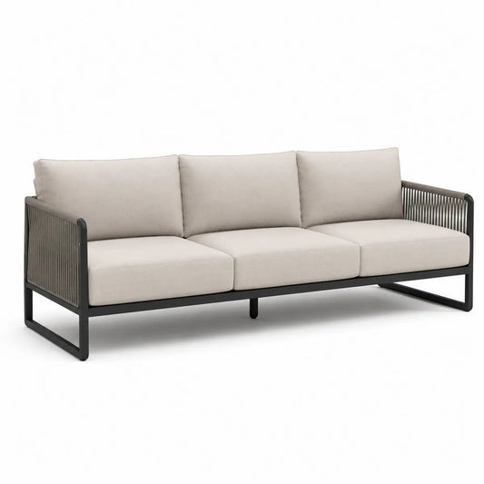 Sofa ogrodowa 3-osobowa metalowa z beżowymi poduszkami