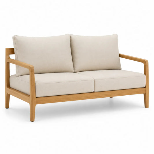 Sofa dwuosobowa z drewna tekowego, beżowa