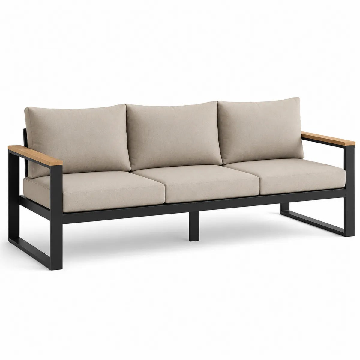 Beżowa trzyosobowa sofa z aluminium z drewnianymi podłokietnikami