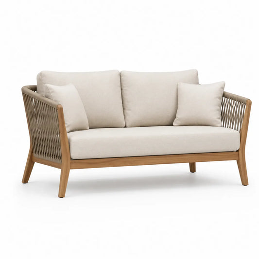 Sofa drewniana z drewna teak i liny, 2-osobowa, beżowa