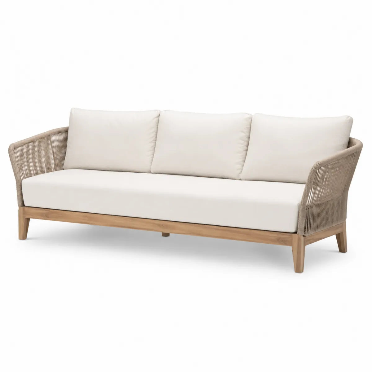 Sofa ogrodowa 3-osobowa z drewna tekowego i liny kremowy
