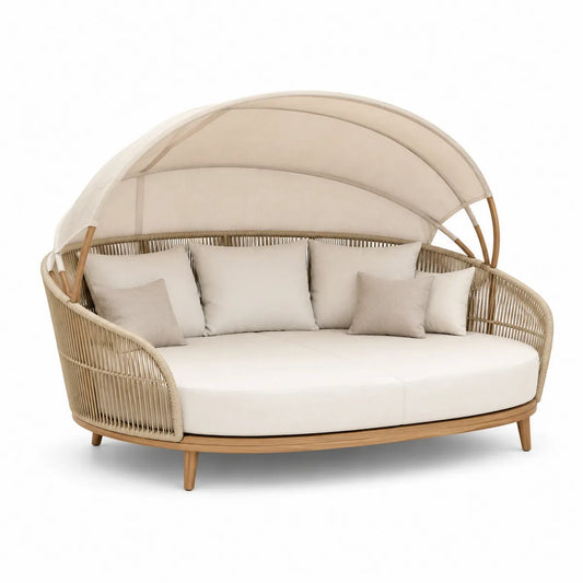 Sofa ogrodowa z wikliny i poliestru z baldachimem 220 cm kremowa