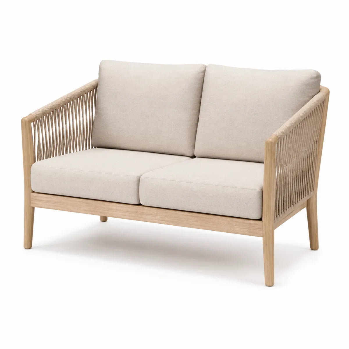 Sofa dwuosobowa drewno tkanina beżowa