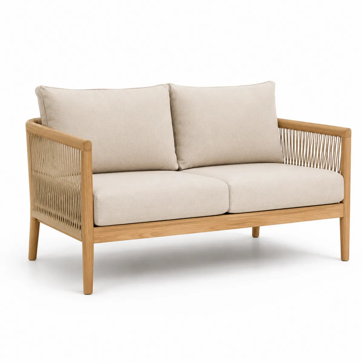 Dwuosobowa sofa z drewna teakowego z beżowymi poduszkami