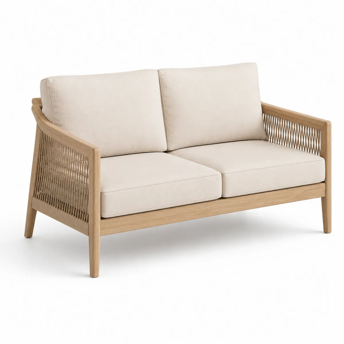 Dwuosobowa sofa drewniana z beżowym materiałem 130cm
