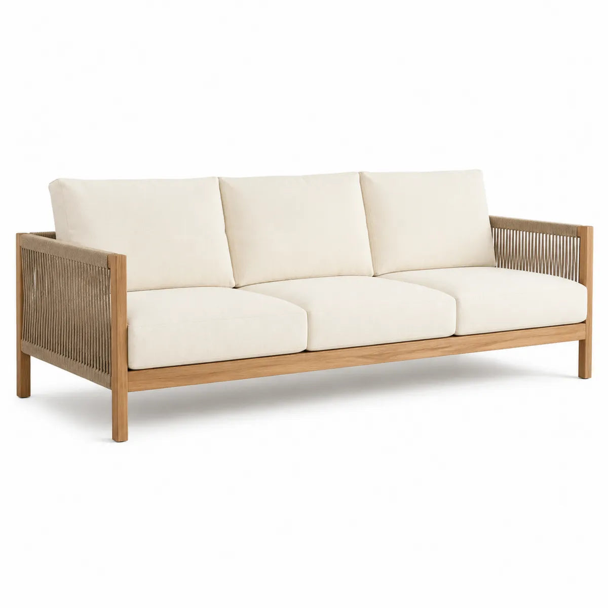 3-osobowa sofa z drewna akacjowego, beżowa z liną syntetyczną