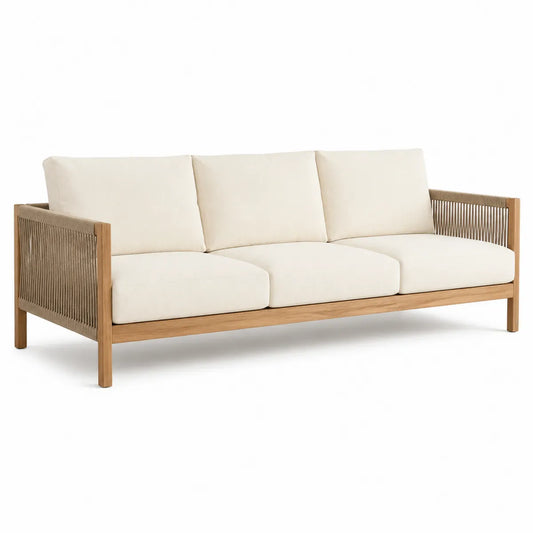 3-osobowa sofa z drewna akacjowego, beżowa z liną syntetyczną