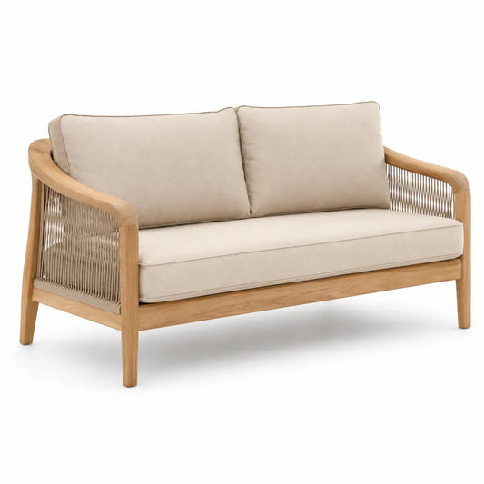 Sofa drewniana z poduszkami, lina syntetyczna, 180x75x80 cm, beżowa