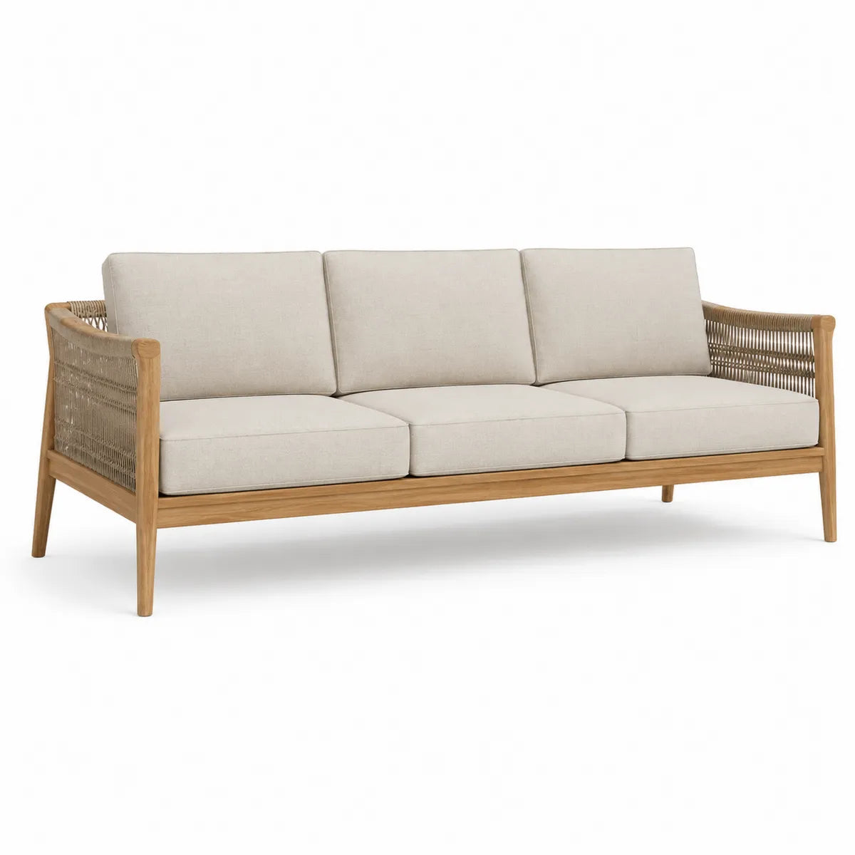 Sofa ogrodowa trzyosobowa teakowa z plecionką beżowa