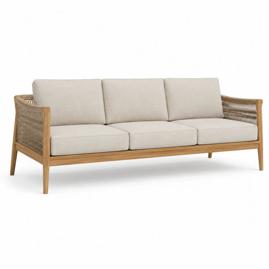 Sofa ogrodowa trzyosobowa teakowa z plecionką beżowa