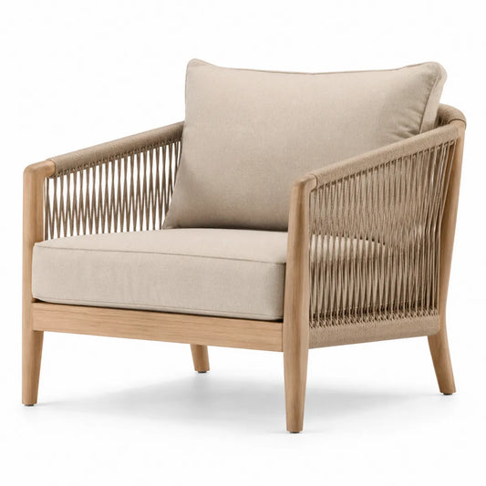 Fotel drewniany z liny poliestrowej beżowy 80cm x 75cm x 70cm