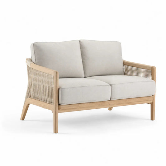 Sofa Dwuosobowa z Drewna Tekowego i Liny, Beżowa