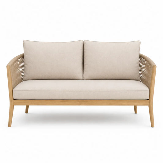 Sofa dwuosobowa beżowa drewno teak poliester
