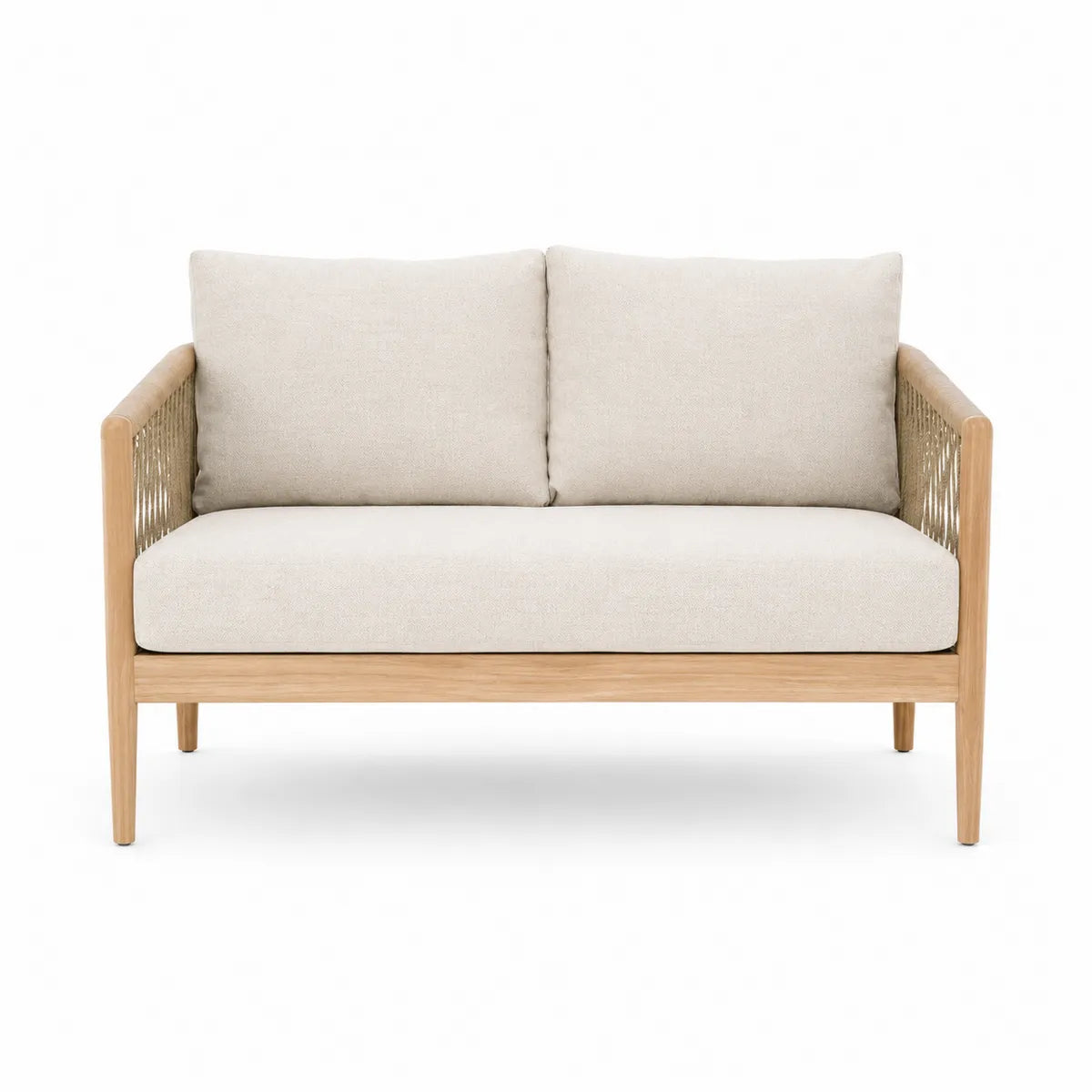 Dwuosobowa sofa z drewna teak beżowa tkanina