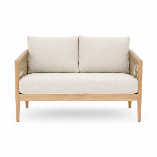 Dwuosobowa sofa z drewna teak beżowa tkanina
