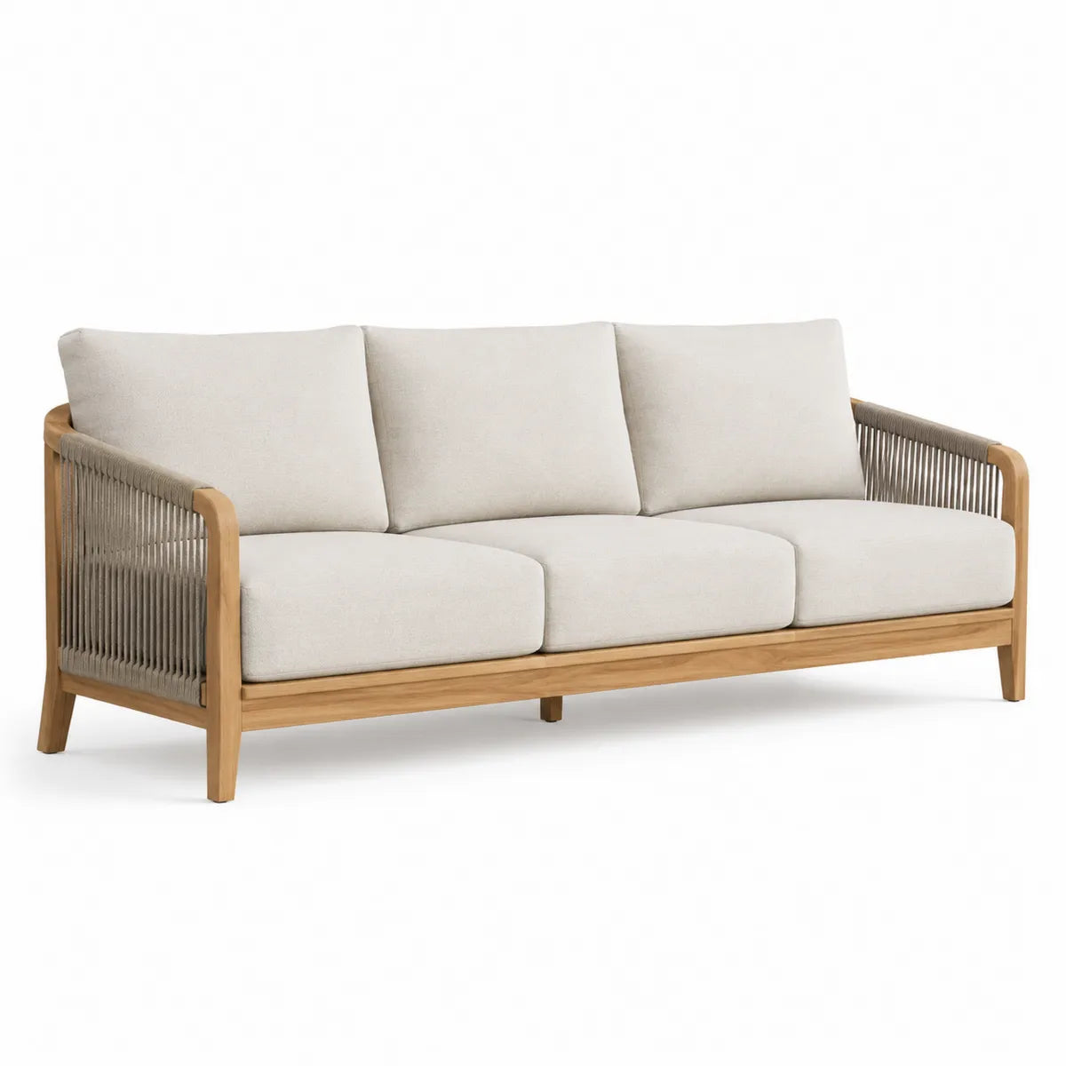Sofa z drewna tekowego z beżowymi poduszkami