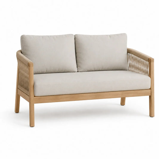 Sofa dwuosobowa z drewna tekowego z poduszkami z poliestru
