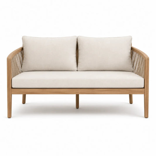 Sofa ogrodowa dwuosobowa teak beżowa z bawełnianymi poduszkami